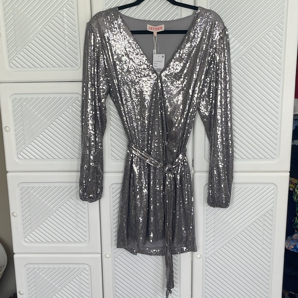 Silver sequins dress size small with wrap around waist belt